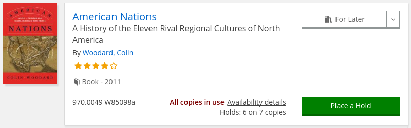 Availability of _American Nations_ at the San Francisco Public Library. Shows
"All copies in use. Holds: 6 on 7 copies"